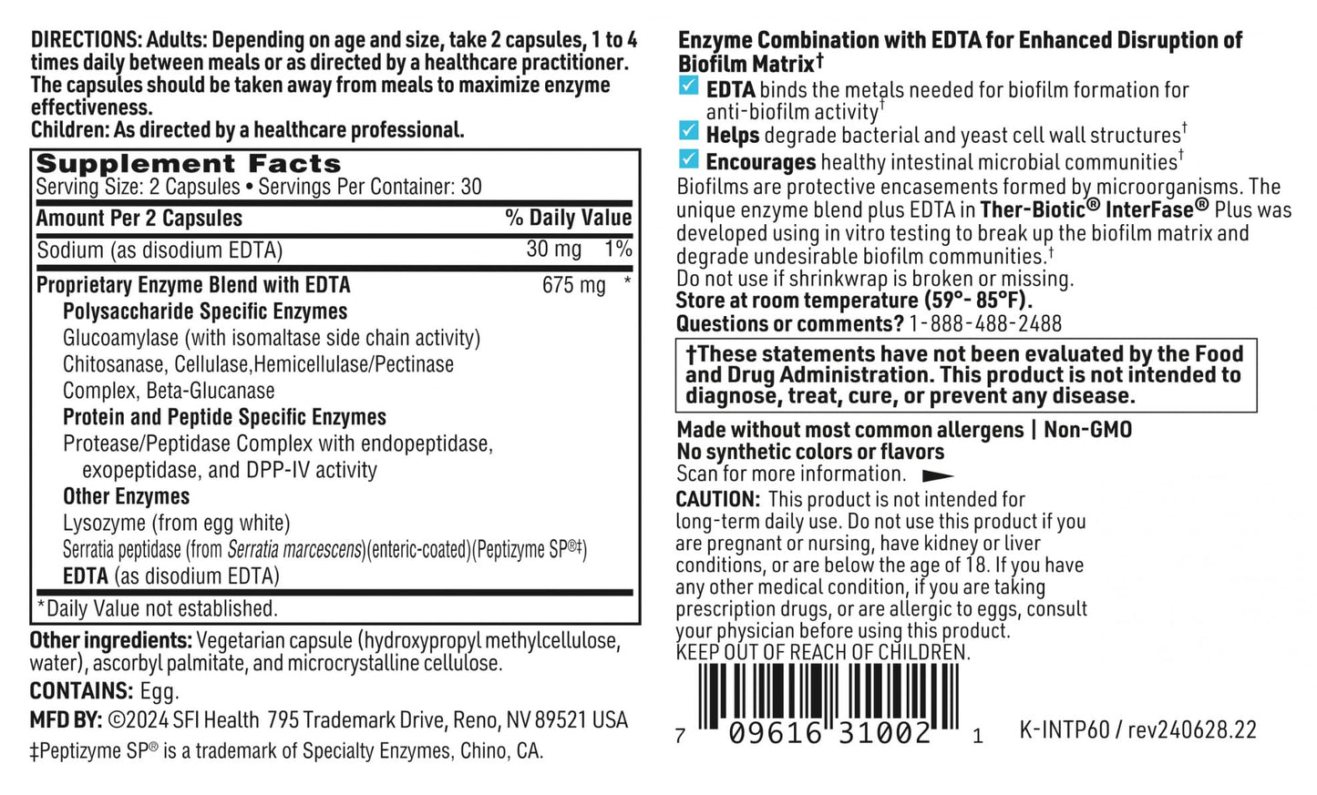 Klaire Labs SFI Health Interfase Plus - Enzyme Combination to Disrupt Biofilm Matrix + EDTA - Gastrointestinal System, Gut Flora