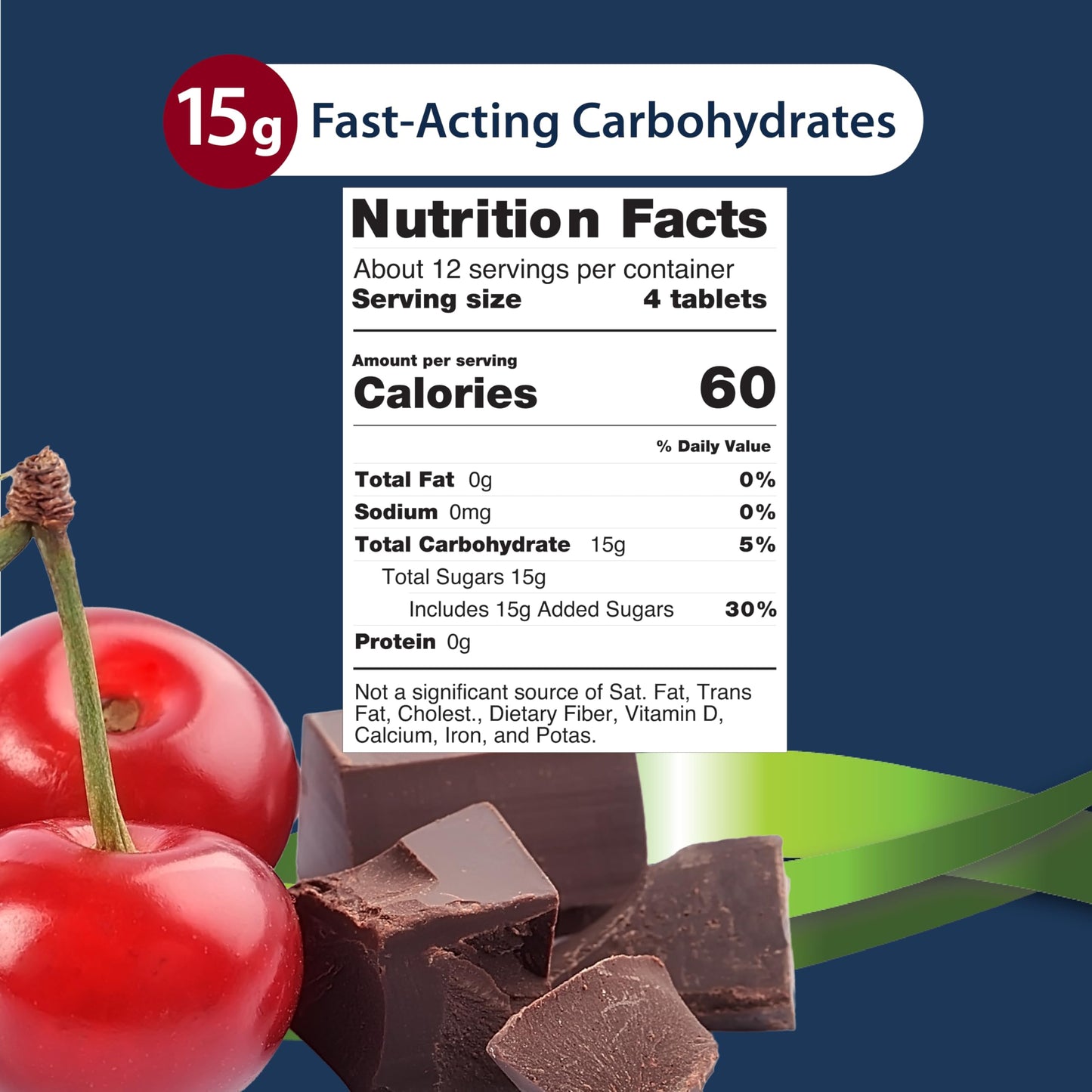 TRUEplus Glucose Tablets, Chewable, Cherry Chocolate Flavor, 15g Fast-Acting Carbohydrates, Dye Free, Gluten Free, No Fat, Boost Energy, 50 Count