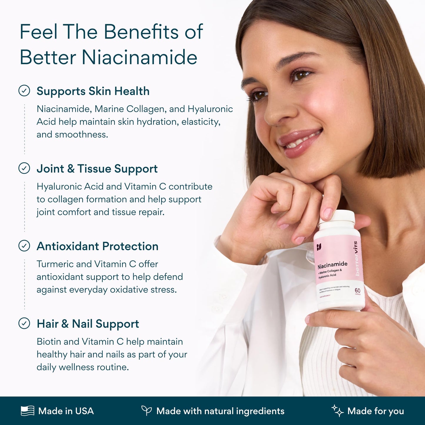 Bettervits Niacinamide Supplement with Vitamin B3, Marine Collagen & Hyaluronic Acid | High-Strength Vitamin B3 Capsules 300 mg. with Turmeric for Energy Metabolism