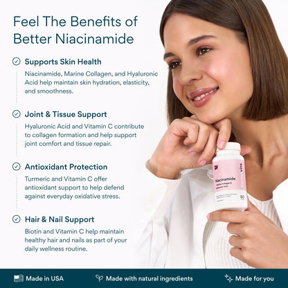 Bettervits Niacinamide Supplement with Vitamin B3, Marine Collagen & Hyaluronic Acid | High-Strength Vitamin B3 Capsules 300 mg. with Turmeric for Energy Metabolism