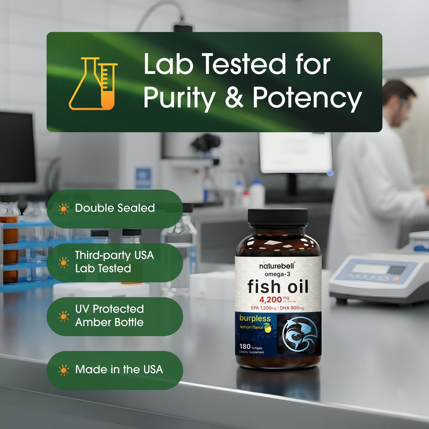 NatureBell Omega-3 Fish Oil - 180 Softgels - Support for Joint, Brain & Heart Health* - with EPA & DHA - No Burps or Fishy Aftertaste - Non-GMO