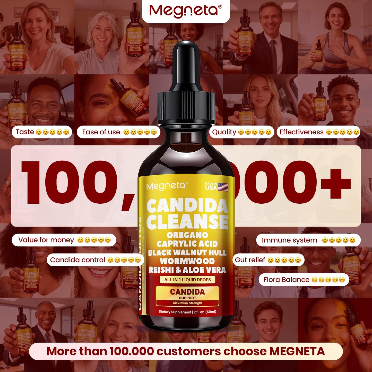 Candida Cleanse Detox with Triple-Targeting Technology, All-in-1 Synergy Formula with Caprylic Acid, Oregano, Black Walnut & Wormwood – Yeast Detox, Gut Health