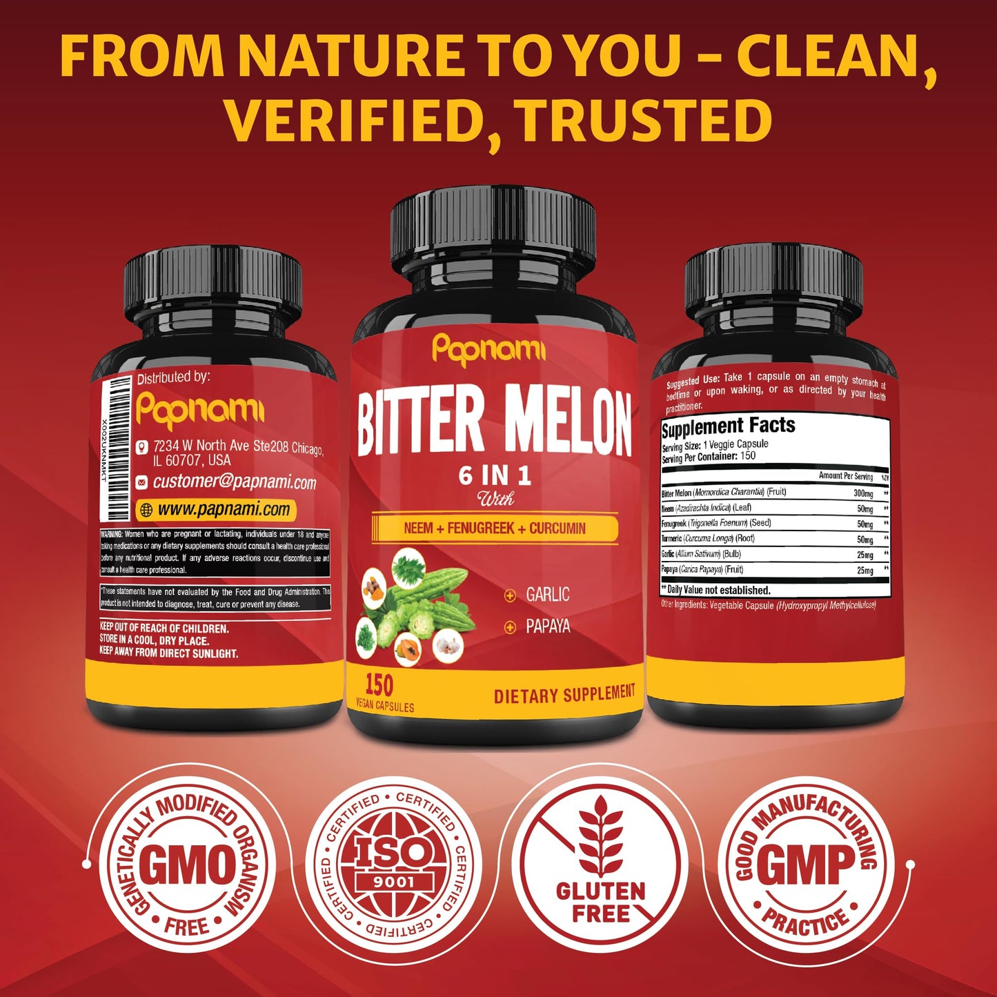 Organic Bitter Melon Extract Capsules - Combined Neem, Fenugreek, Curcumin, Garlic & Papaya - 150 Count for 5 Months - Supports Body, Digestive