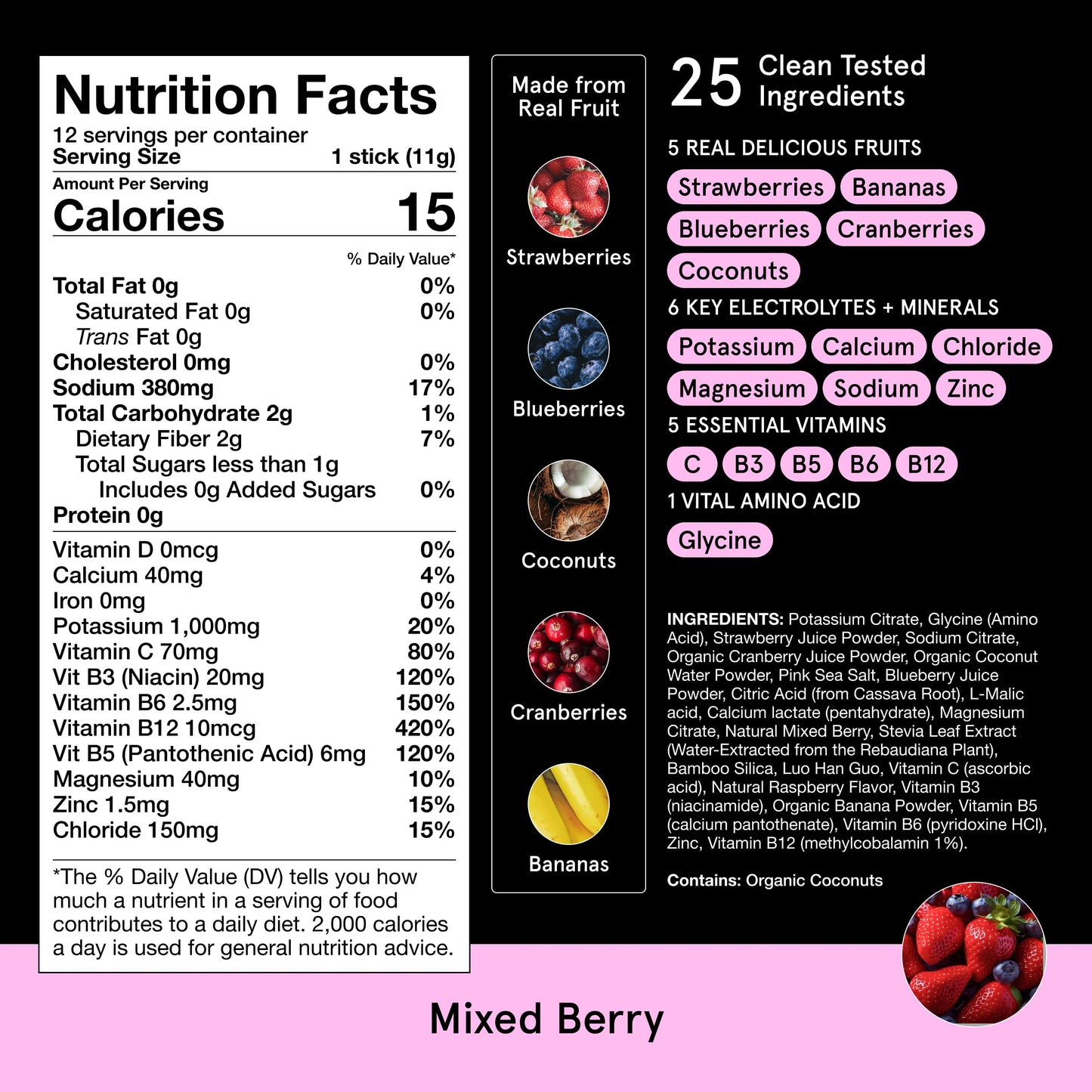 DryWater® Electrolyte + Vitamin Hydration Powder Packets – Mixed Berry, 1,000mg Potassium, Real Organic Fruit, NSF Certified for Sport,