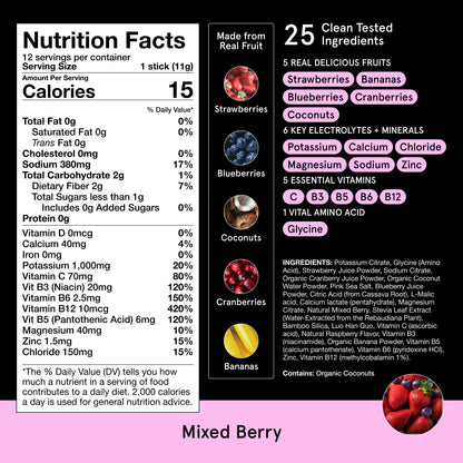 DryWater® Electrolyte + Vitamin Hydration Powder Packets – Mixed Berry, 1,000mg Potassium, Real Organic Fruit, NSF Certified for Sport,