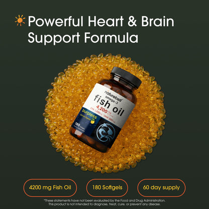 NatureBell Omega-3 Fish Oil - 180 Softgels - Support for Joint, Brain & Heart Health* - with EPA & DHA - No Burps or Fishy Aftertaste - Non-GMO