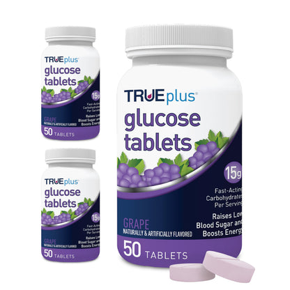 TRUEplus Glucose Tablets, Chewable, Grape Flavor, 15g Fast-Acting Carbohydrates, Fat Free, Gluten Free, Boost Energy, 50 Count, 3 Bottles
