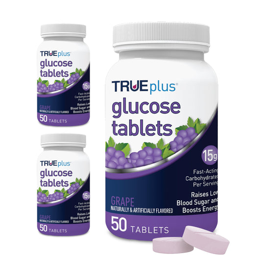 TRUEplus Glucose Tablets, Chewable, Grape Flavor, 15g Fast-Acting Carbohydrates, Fat Free, Gluten Free, Boost Energy, 50 Count, 3 Bottles