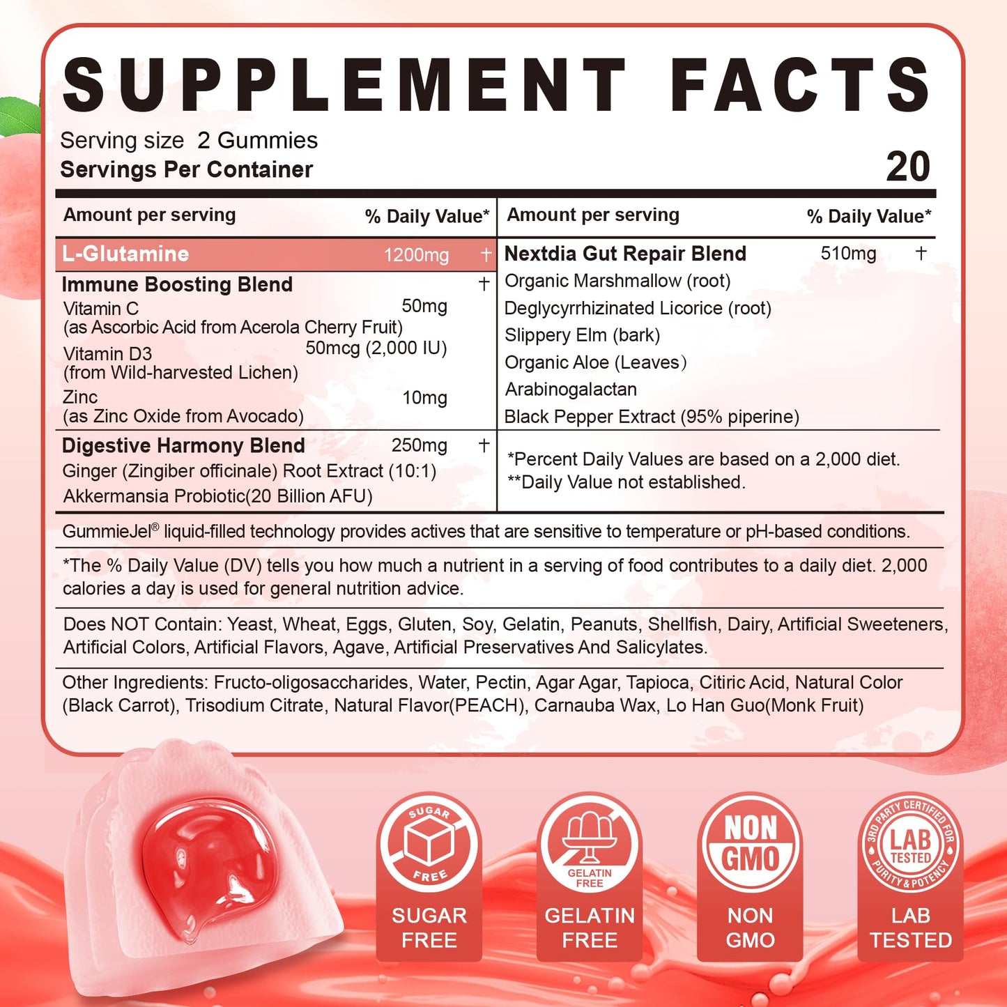 Nextdia L-Glutamine 1200mg Gummies for Gut & Immune Support – Leaky Gut Repair with Slippery Elm, Marshmallow Root, Ginger, Aloe, Vitamin C D3