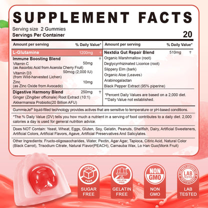 Nextdia L-Glutamine 1200mg Gummies for Gut & Immune Support – Leaky Gut Repair with Slippery Elm, Marshmallow Root, Ginger, Aloe, Vitamin C D3