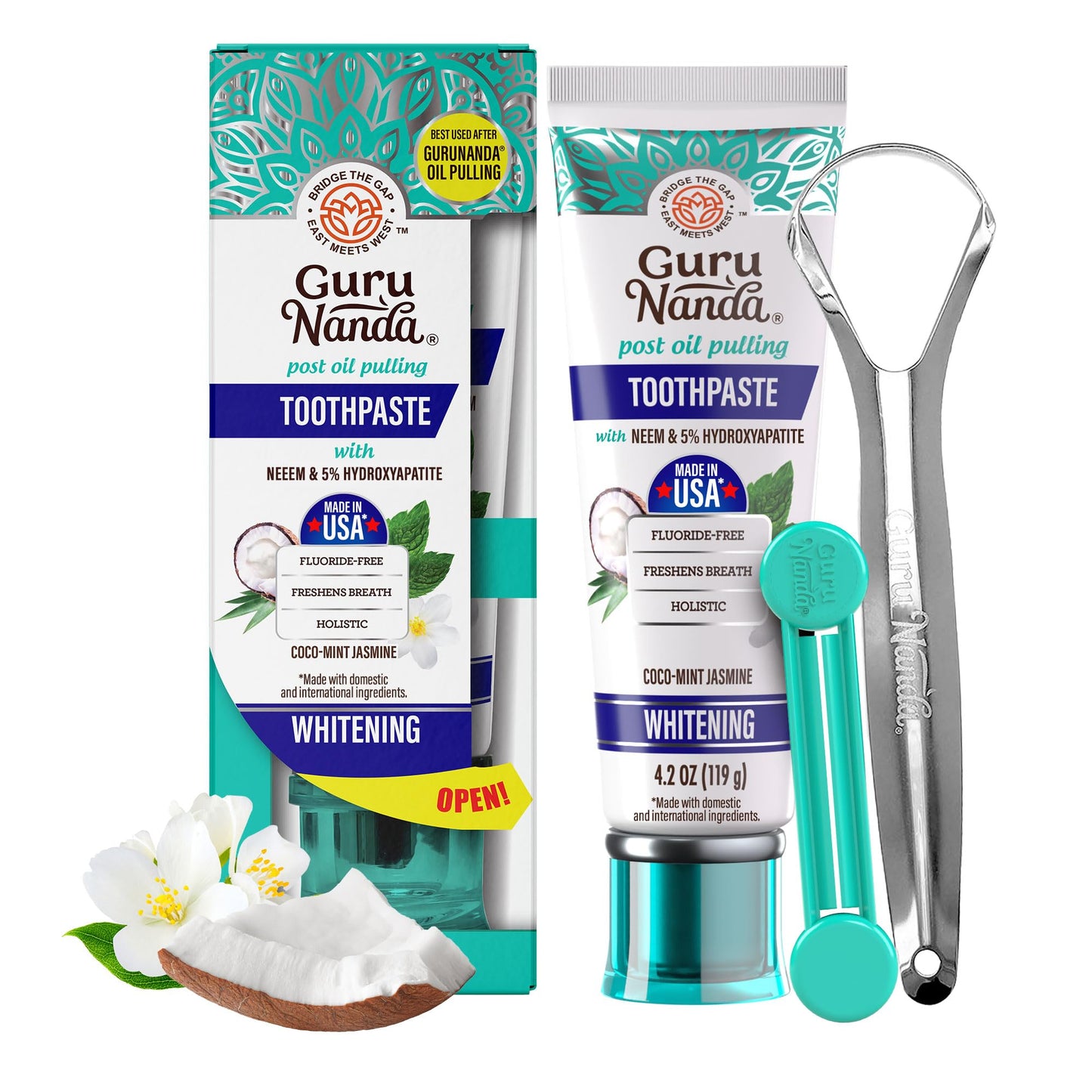 GuruNanda Hydroxyapatite Toothpaste for Whitening with Neem & Xylitol, SLS & Fluoride Free Formula with Tongue Scraper & Squeezer - Freshens Breath, Fights Plaque