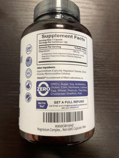 Premium Magnesium Capsules 500mg, High Absorption Formula Chelated Buffered Citrate to Support Digestion, Bone, Sleep & Muscle Health