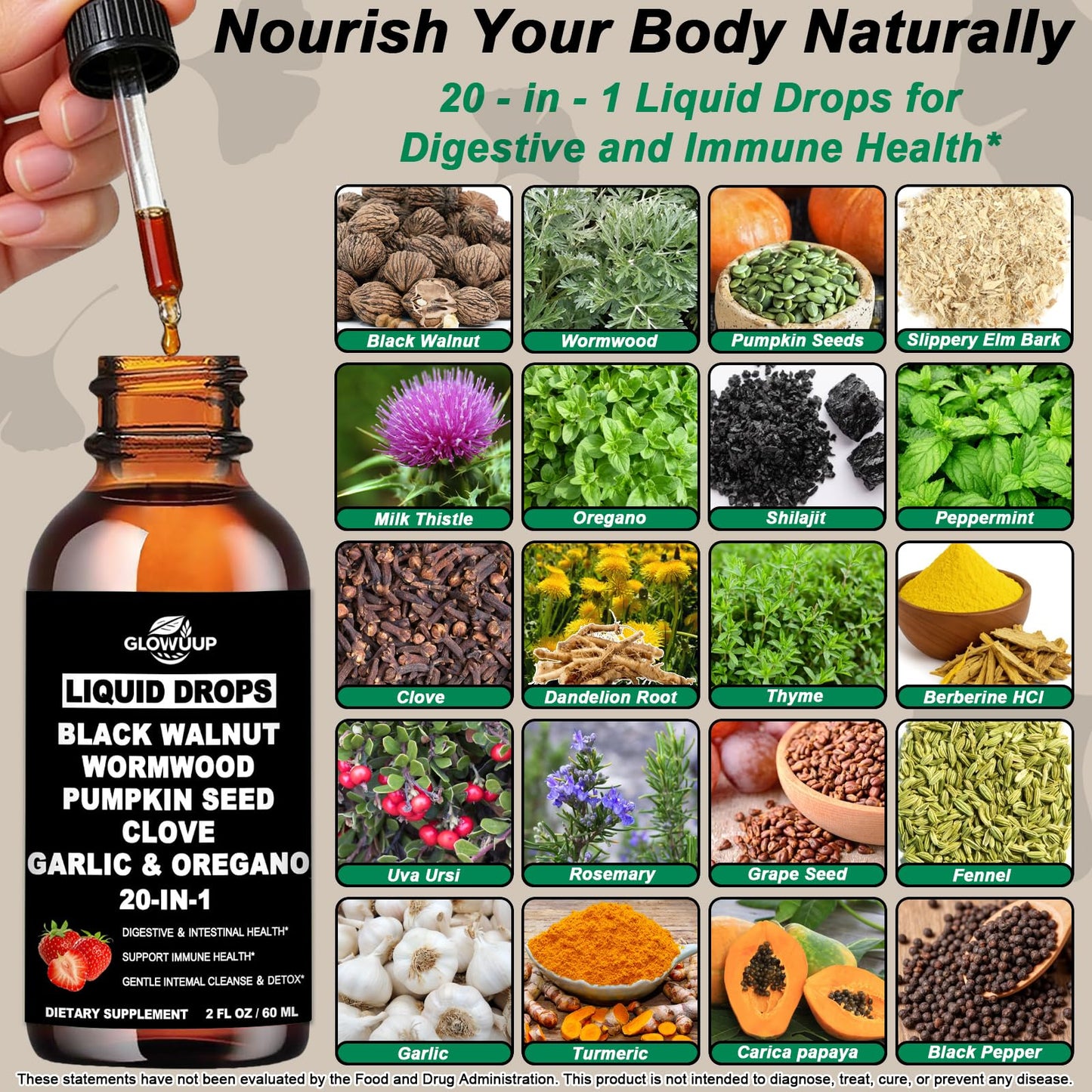 Wormwood Black Walnut Clove Cleanse for Humans Drops, Organic 20-in-1 Herbal Supplement w. Pumpkin Seeds Garlic Oregano Turmeric for Gut Cleanse & Digestive Detox,
