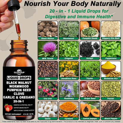 Wormwood Black Walnut Clove Cleanse for Humans Drops, Organic 20-in-1 Herbal Supplement w. Pumpkin Seeds Garlic Oregano Turmeric for Gut Cleanse & Digestive Detox,