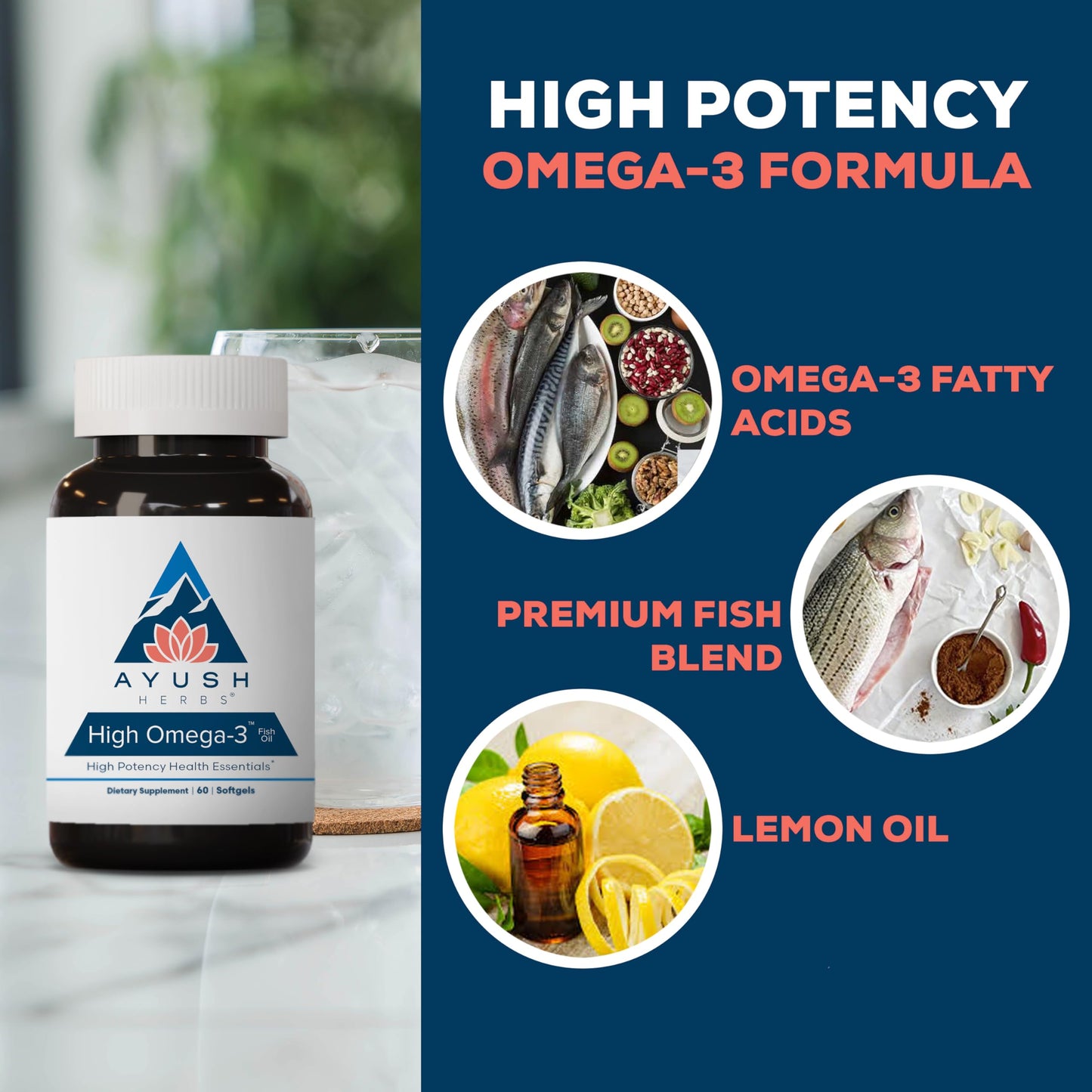 Ayush Herbs High Omega 3 - Omega 3 Fish Oil, 1000mg Per Capsule, EPA & DHA Fish Oil Supplement for Women & Men,