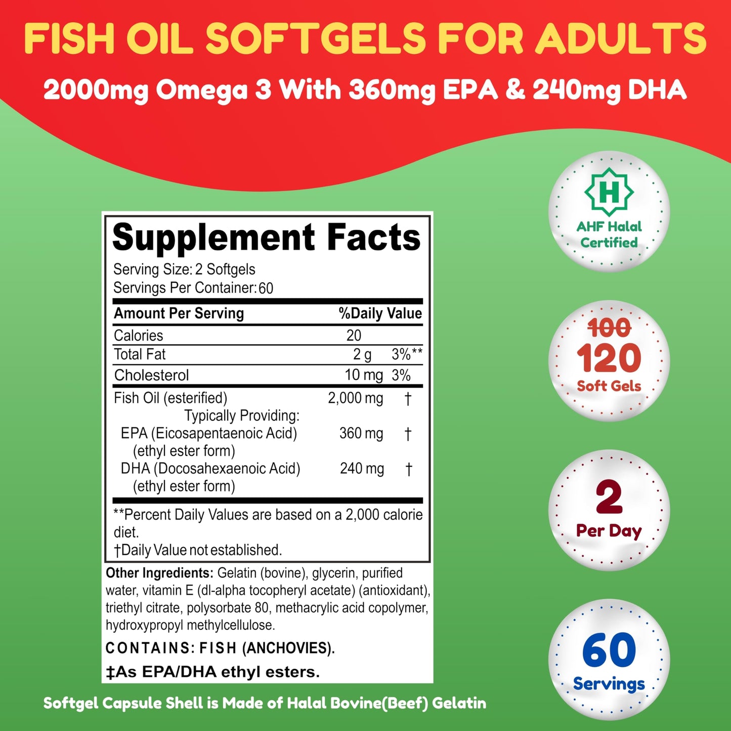 Halal Omega 3 Fish Oil 2000mg - 60 Servings, 120 Softgels. Wild Caught, Purified, Keto Friendly, Non-GMO & Gluten-Free. Brain, Heart & Cardiovascular Support.