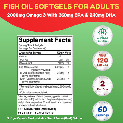 Halal Omega 3 Fish Oil 2000mg - 60 Servings, 120 Softgels. Wild Caught, Purified, Keto Friendly, Non-GMO & Gluten-Free. Brain, Heart & Cardiovascular Support.
