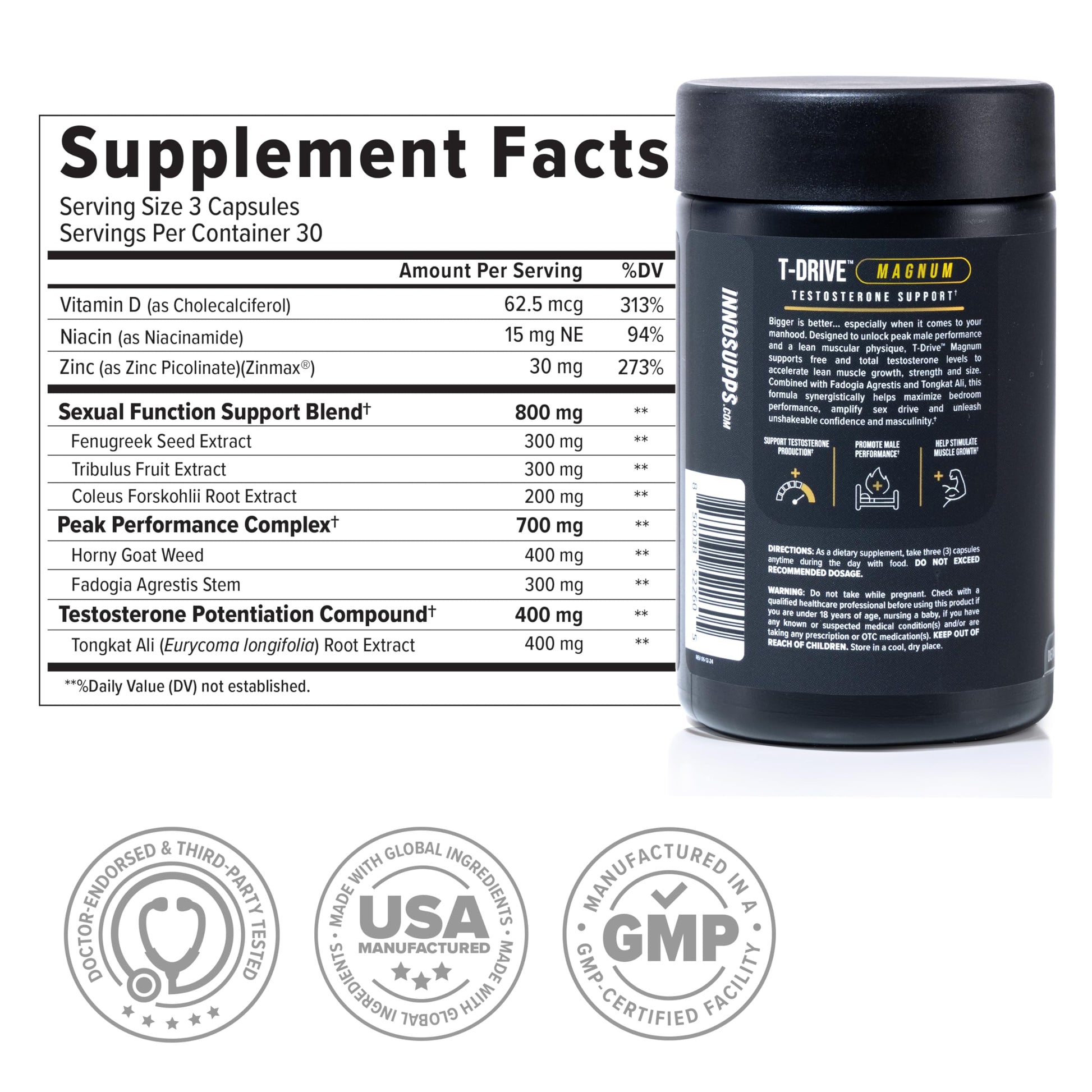 InnoSupps T-Drive Magnum Testosterone Booster Enhance Peak Performance Amplify Muscle Growth, Increase Libido & Energy Levels, Horny Goat Weed Tongkat Ali, Zinc, Fenugreek, Fat Burner 90 Caps/30 Days InnoSuppsBuy Supplements Australia