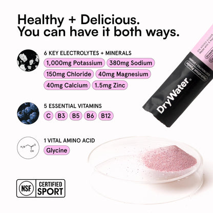 DryWater® Electrolyte + Vitamin Hydration Powder Packets – Mixed Berry, 1,000mg Potassium, Real Organic Fruit, NSF Certified for Sport,