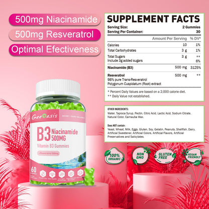 Geeoasis Niacinamide 500mg Gummies, Chewable Vitamin B3 Supplement with Resveratrol 500mg, High Potency Niacin for Antioxidant, Skin & Brain Health,