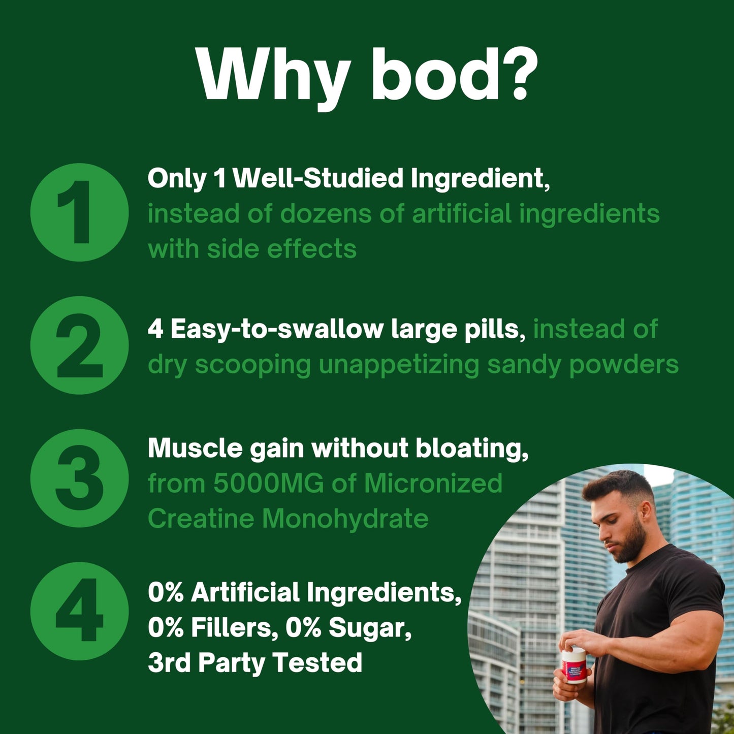 Bod Creatine Monohydrate Capsules – 45 Servings (4 Capsules = 5 g) – Ultra-Pure 200 Mesh Creatine Monohydrate – Strength