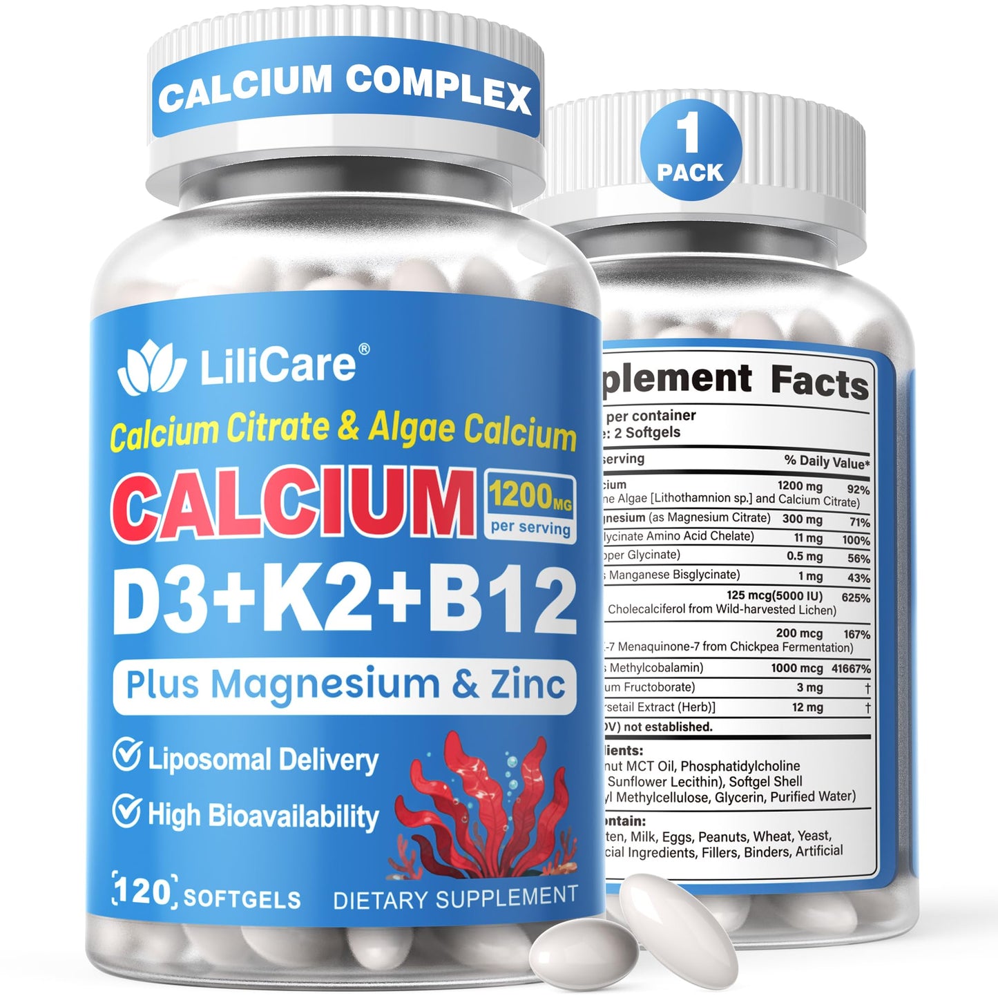 Calcium 1200 mg with Vitamin D3 K2 5000 IU Softgels Supplement for Women Men - Liposomal Calcium Citrate & Algae Calcium Magnesium Zinc + D3 K2 B12