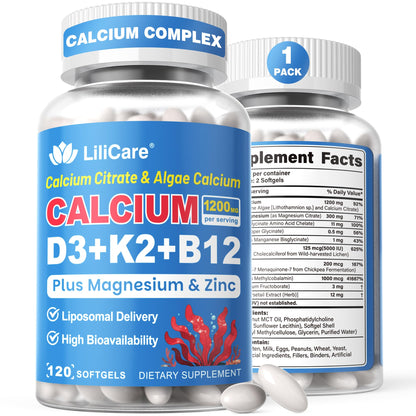 Calcium 1200 mg with Vitamin D3 K2 5000 IU Softgels Supplement for Women Men - Liposomal Calcium Citrate & Algae Calcium Magnesium Zinc + D3 K2 B12