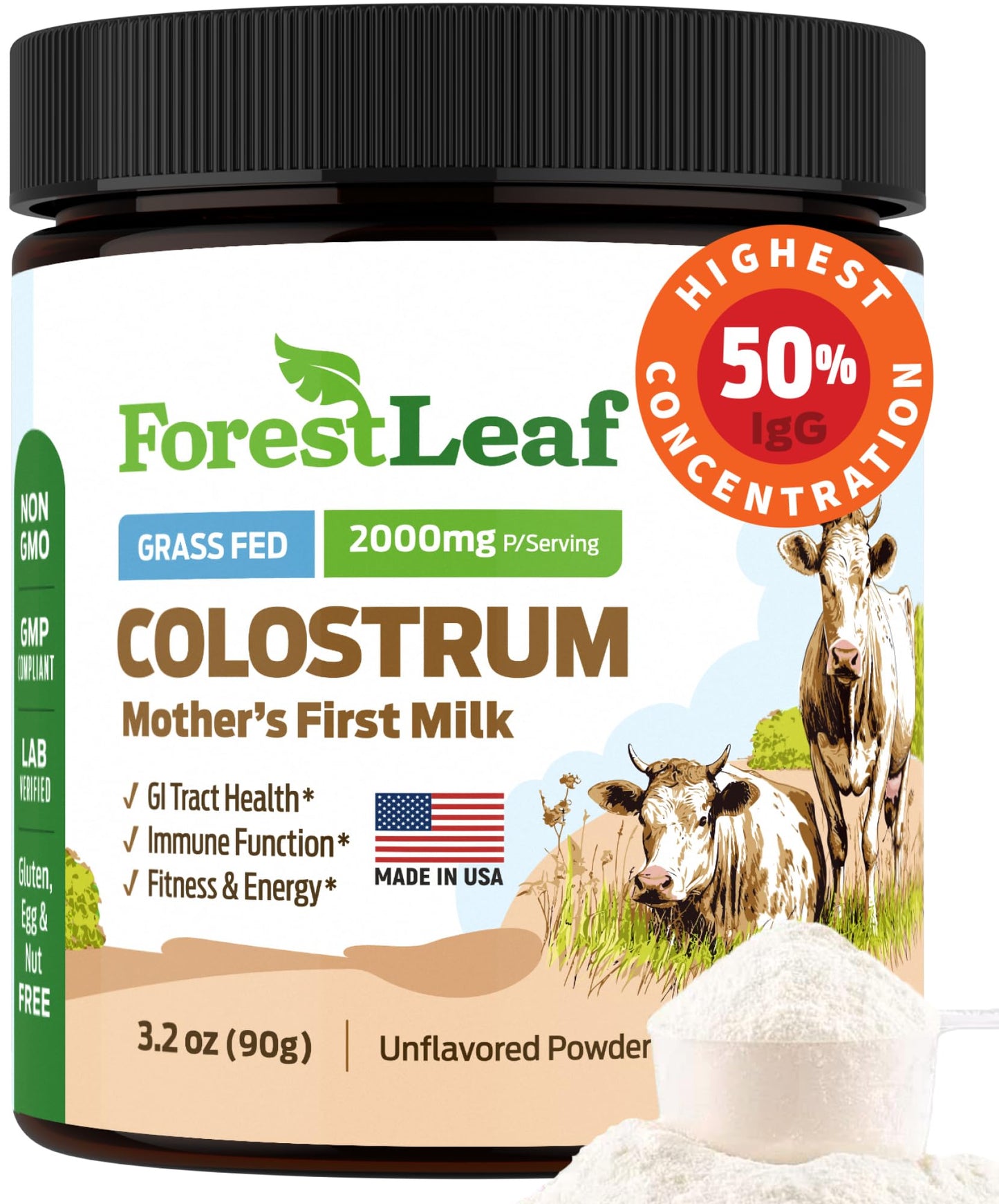 ForestLeaf Colostrum Powder 50% IgG Highest Pure Concentration, Grass Fed Colostrum Supplement for Gut Health, Immune Support and Muscle Recovery,