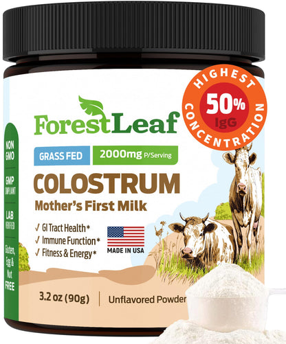 ForestLeaf Colostrum Powder 50% IgG Highest Pure Concentration, Grass Fed Colostrum Supplement for Gut Health, Immune Support and Muscle Recovery,