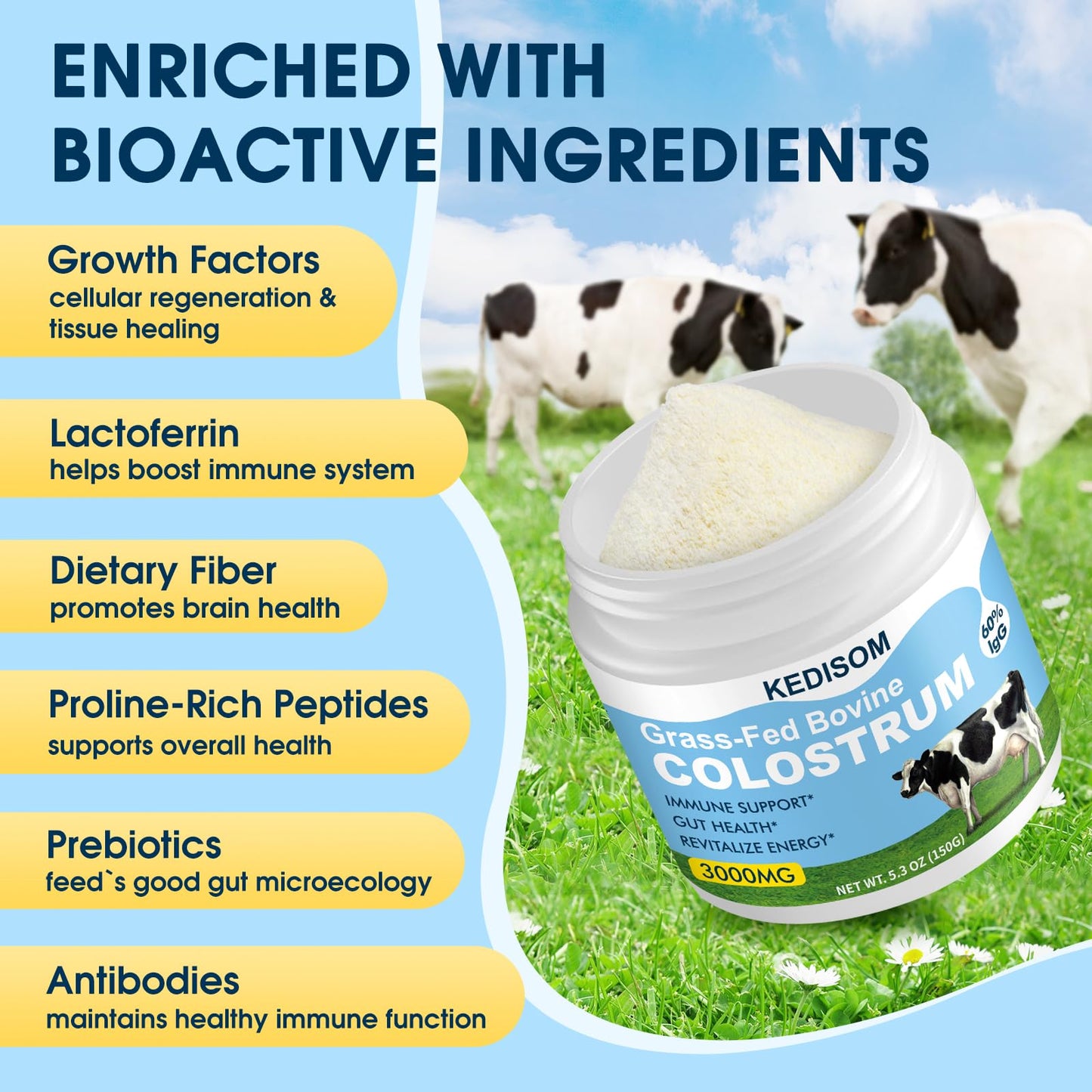 KEDISOM Grass-Fed Bovine Colostrum Supplement Powder - 60% High IgG 3000 mg for Gut Health, Immune Support - Easy to Mix Natural Liposomal