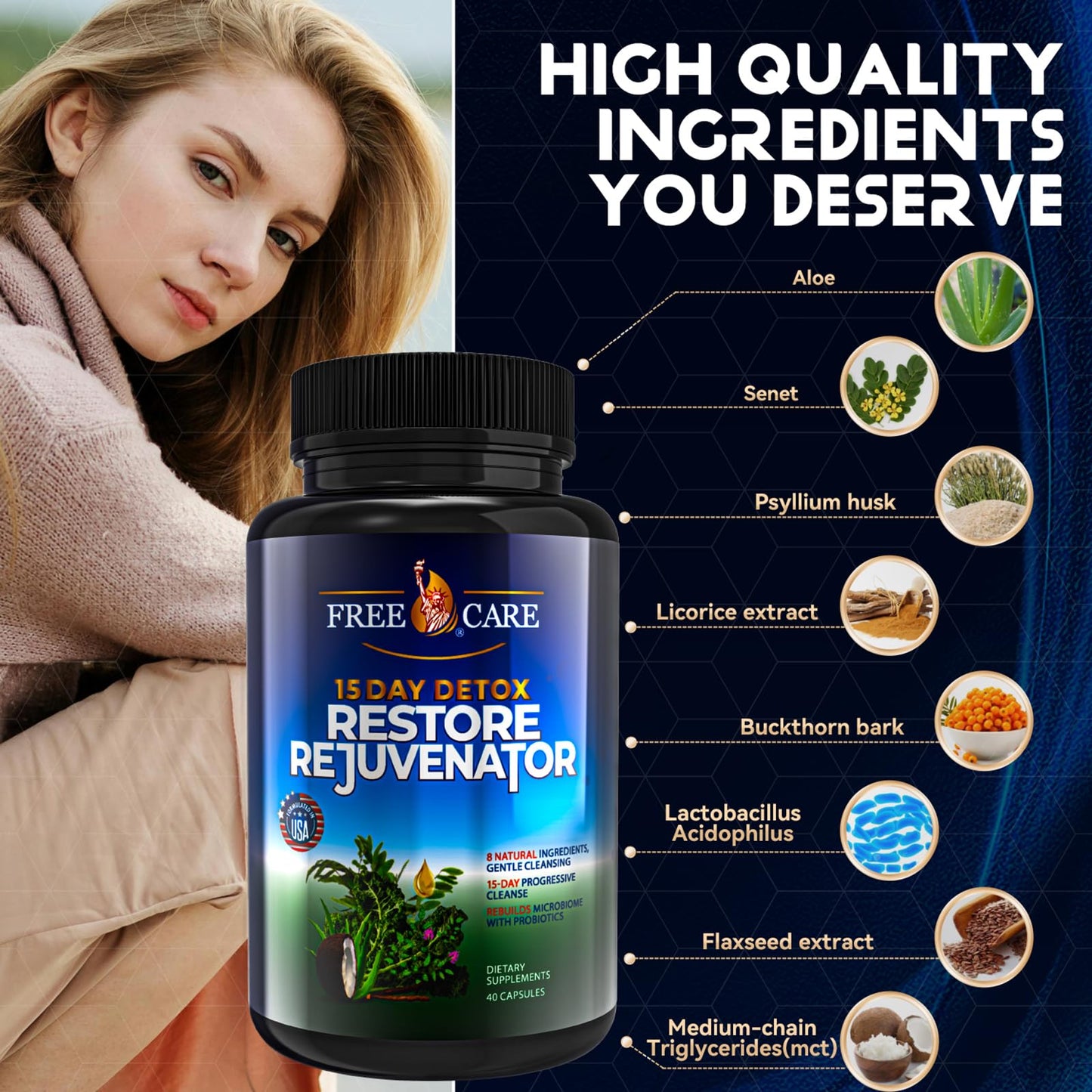 FreeCare Colon Cleanse 15+5Day Upgrade,Advanced Gut Cleanse Detox for Women & Men Fast Natural Laxative for Constipation Relief with Cascara Sagrada, Psyllium Husk