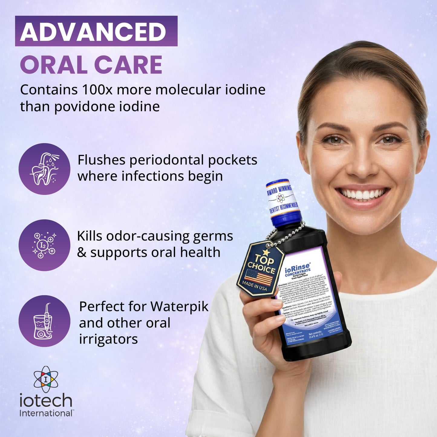ioRinse Concentrated Irrigant with Active Molecular Iodine, Alcohol-Free Dental Irrigant, for use with Waterpik Water Flossers
