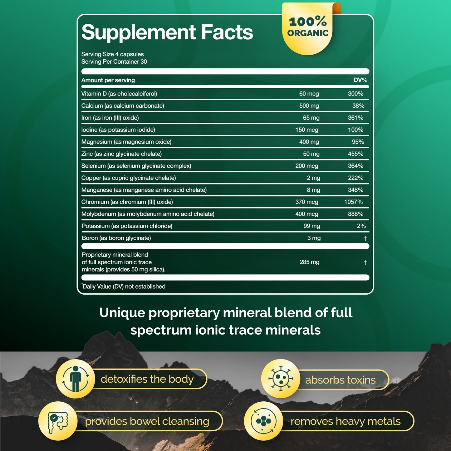 ADEO2 - Premium Blend of 52 Trace Minerals Complex with Essential Minerals in Chelated Form – All Natural and 100% Organic - 120 Capsules