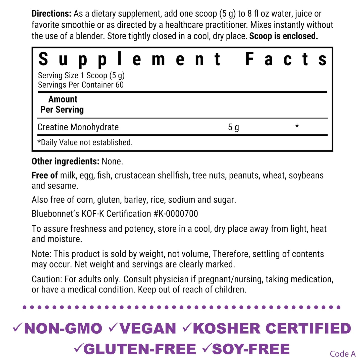 BlueBonnet Nutrition Micronized Creatine Monohydrate 5 g – Supports Lean Muscle Mass* - Non-GMO, Vegan, Kosher Certified, Gluten-Free, Soy-Free, Milk-Free