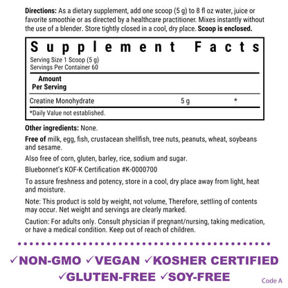 BlueBonnet Nutrition Micronized Creatine Monohydrate 5 g – Supports Lean Muscle Mass* - Non-GMO, Vegan, Kosher Certified, Gluten-Free, Soy-Free, Milk-Free