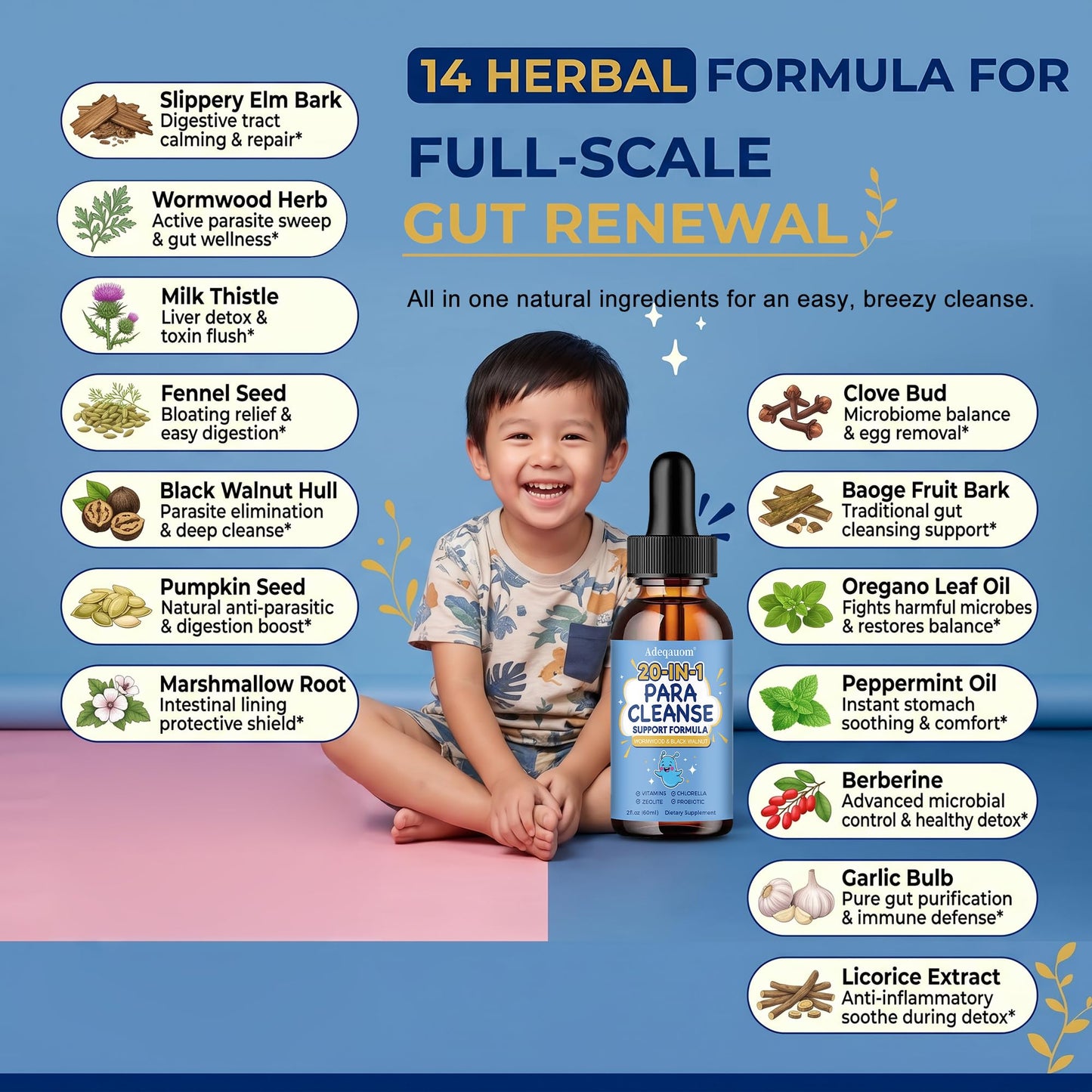 Wormwood Black Walnut Clove Parasite Cleanse for Humans & Kids, 20 in 1 Zeolite, Chlorella, 20 Billion Probiotics, Liquid Detox Support, Gut & Digestive