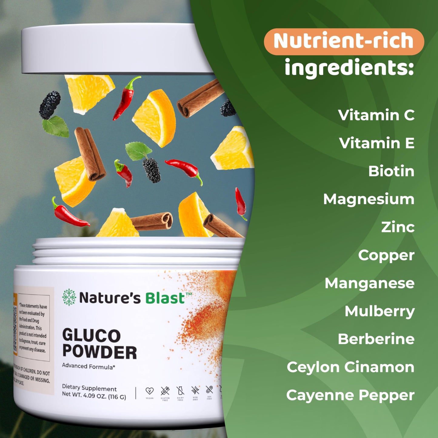 NATURES BLAST Gluco-Powder with White Mulberry Extract & Ceylon Cinnamon - Organic Metabolic Wellness Blend for Energy & Vitality, 1 Bottle