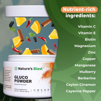 NATURES BLAST Gluco-Powder with White Mulberry Extract & Ceylon Cinnamon - Organic Metabolic Wellness Blend for Energy & Vitality, 1 Bottle