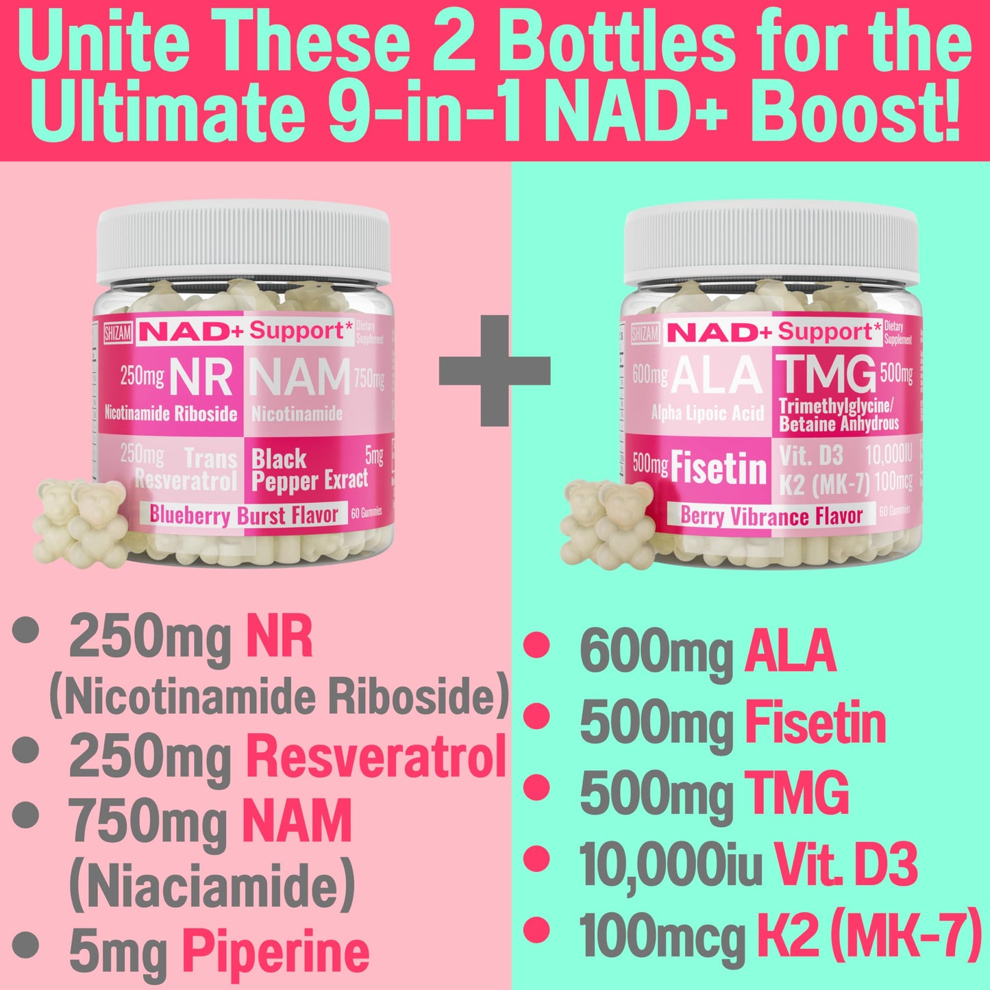 SHIZAM TMG Betaine Alpha Lipoic Acid ALA D3 Fisetin Gummies, Tri-Methylglycine trimethylglycine R-Alpha NAD+ Plus + HCL Supplements, Mitochondrial Senolytic Activator, NR Capsules Powder 600mg 1000mg SHIZAMBuy Supplements Australia
