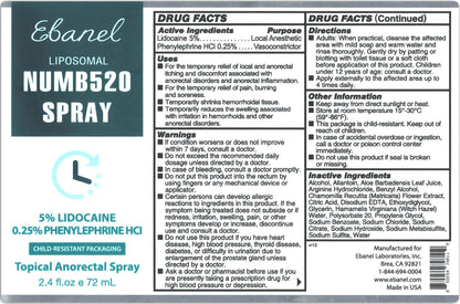 Ebanel 5% Lidocaine Spray Pain Relief Numb520 Burn Itch Relief Numbing Spray for Skin, Topical Anesthetic Postpartum Hemorrhoid Treatment with Phenylephrine for Local and Anorectal Uses