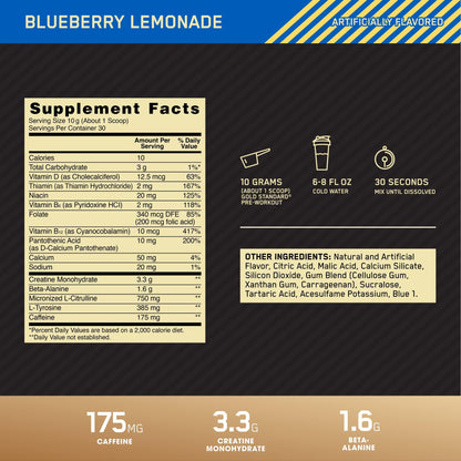 Optimum Nutrition Gold Standard Pre-Workout, Vitamin D for Immune Support, with Creatine, Beta-Alanine, and Caffeine for Energy, Keto Friendly, Blueberry Lemonade