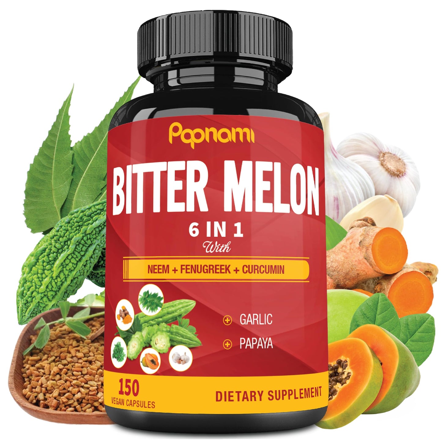 Organic Bitter Melon Extract Capsules - Combined Neem, Fenugreek, Curcumin, Garlic & Papaya - 150 Count for 5 Months - Supports Body, Digestive