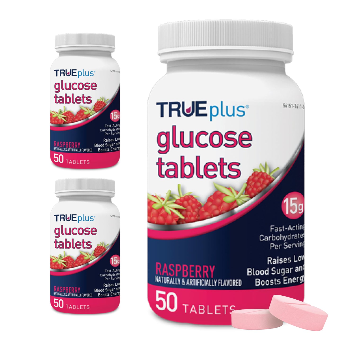 TRUEplus Glucose Tablets, Chewable, Raspberry Flavor, 15g Fast-Acting Carbohydrates, Fat Free, Gluten Free, Boost Energy, 50 Count, 3 Bottles