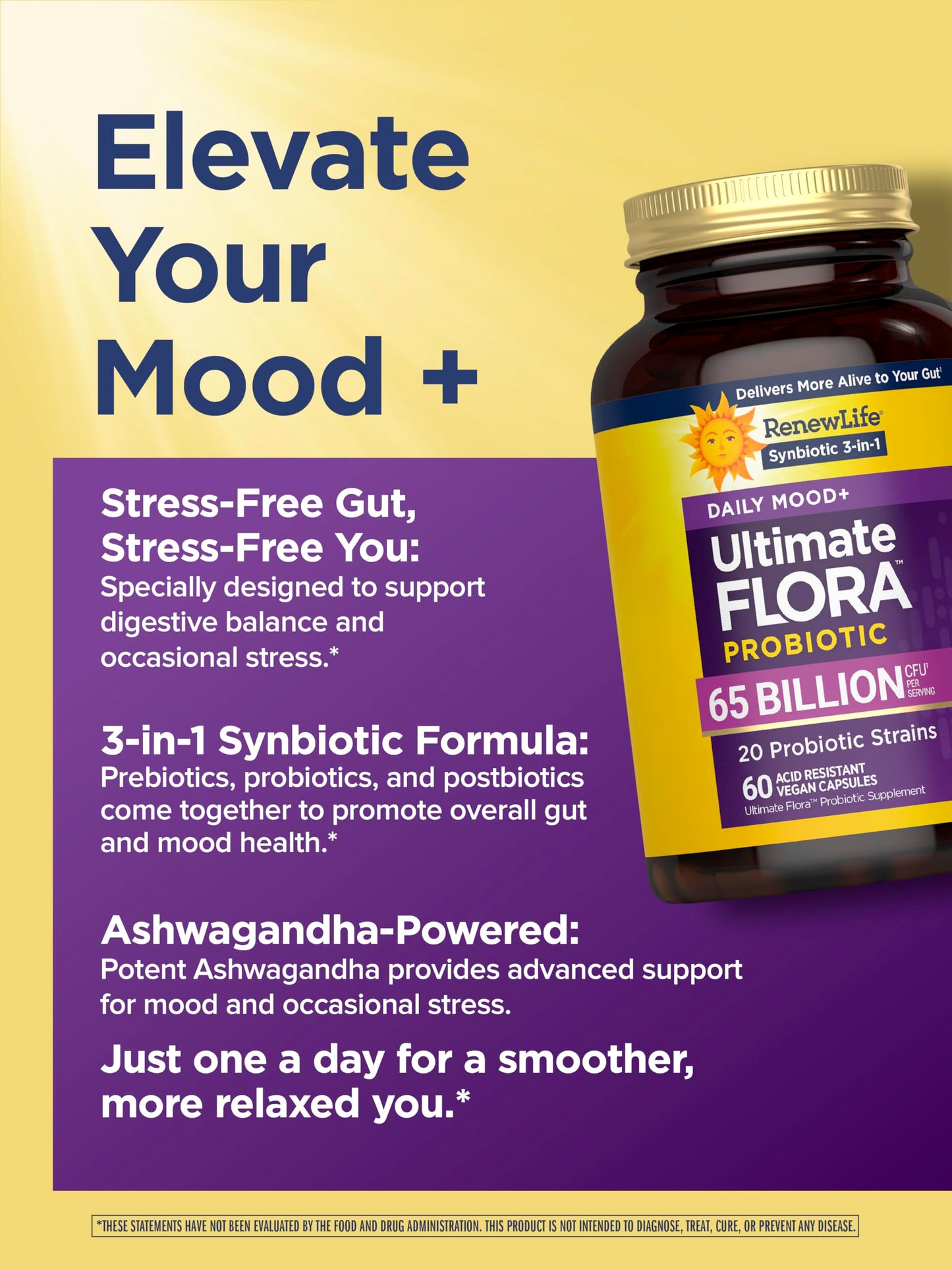 Renew Life Ultimate Flora Probiotics Daily Mood Support 65 Billion CFU Delayed Release Vegan Capsules with Ashwagandha | Digestive Health