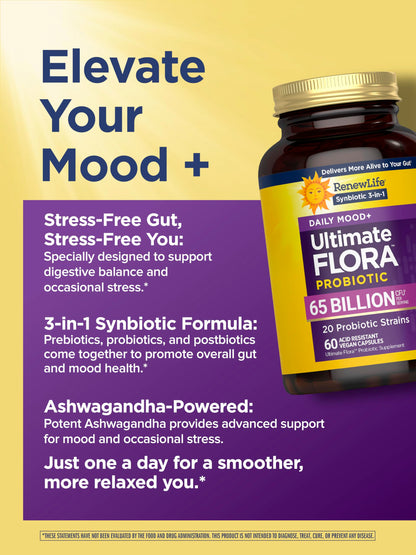 Renew Life Ultimate Flora Probiotics Daily Mood Support 65 Billion CFU Delayed Release Vegan Capsules with Ashwagandha | Digestive Health