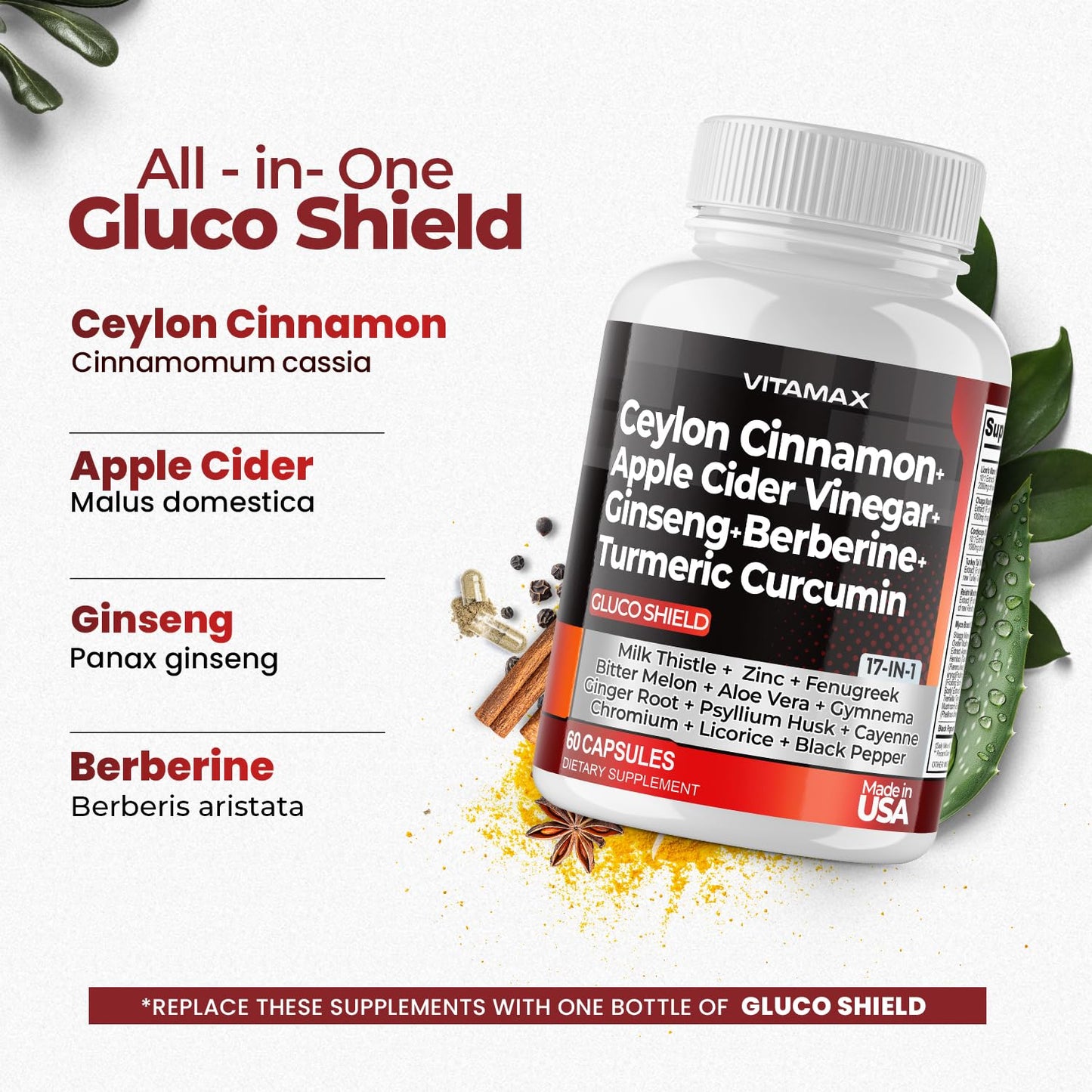 Ceylon Cinnamon, Apple Cider Vinegar, Turmeric - Gluco Health Support - Panax Ginseng, Berberine, Bitter Melon Milk Thistle Fenugreek -