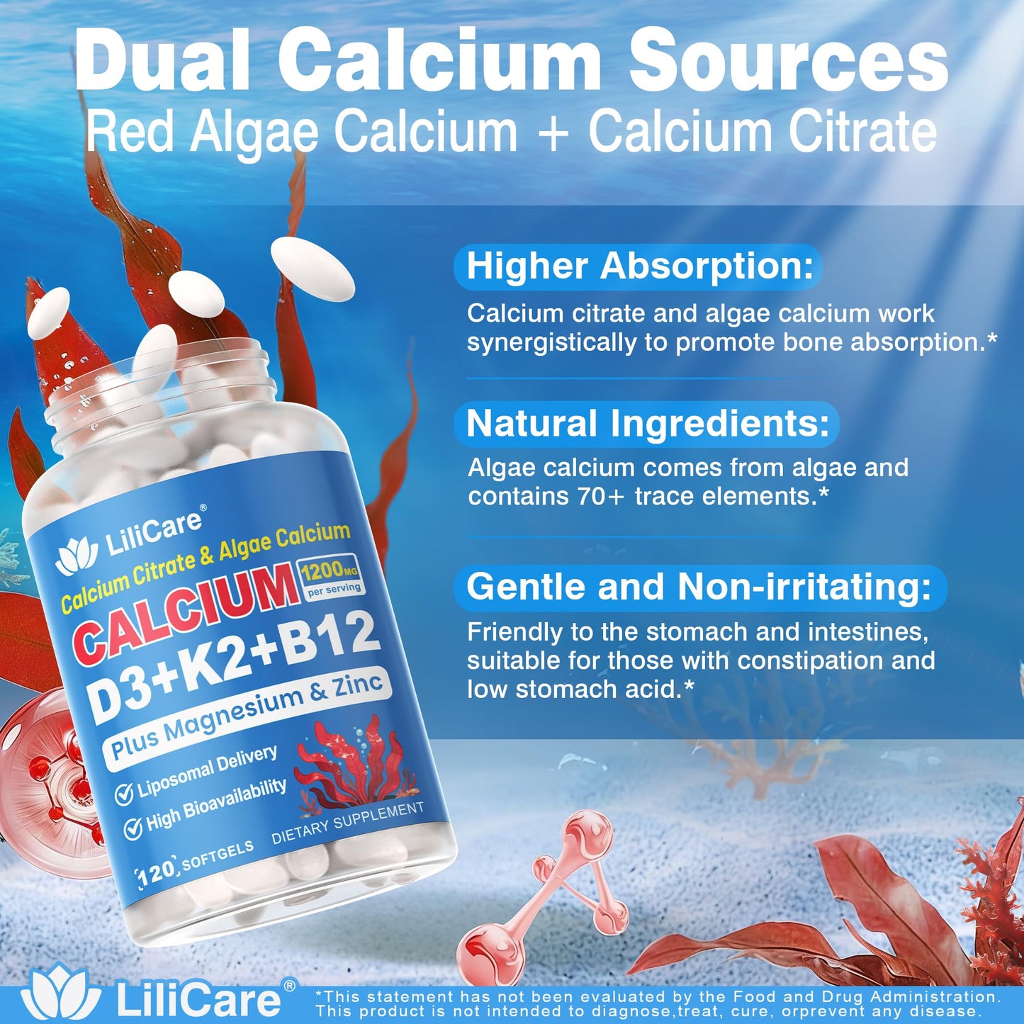 Calcium 1200 mg with Vitamin D3 K2 5000 IU Softgels Supplement for Women Men - Liposomal Calcium Citrate & Algae Calcium Magnesium Zinc + D3 K2 B12