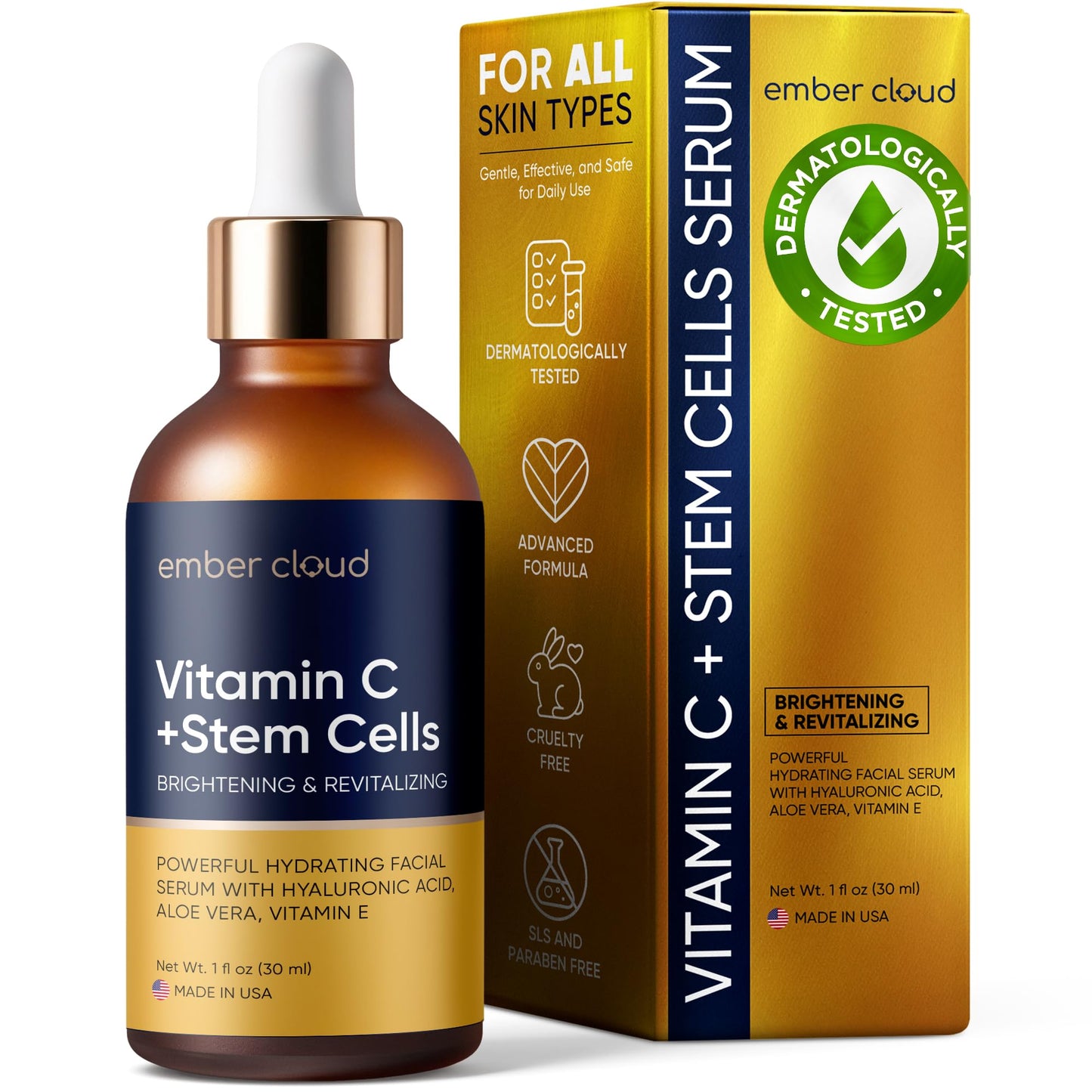Vitamin C Serum for Face with Stem Cells Hyaluronic Acid Vitamin E Aloe Vera Anti-Aging Face Serum Supports Skin Health