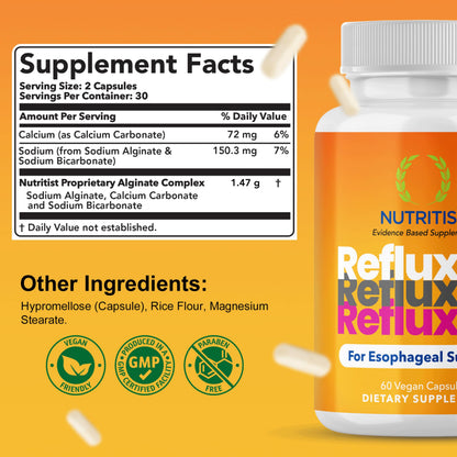Nutritist Refluxter Sodium Alginate Capsules – Natural Acid Reflux & GERD Relief Supplement. Supports LPR, Silent Reflux, Heartburn, Indigestion