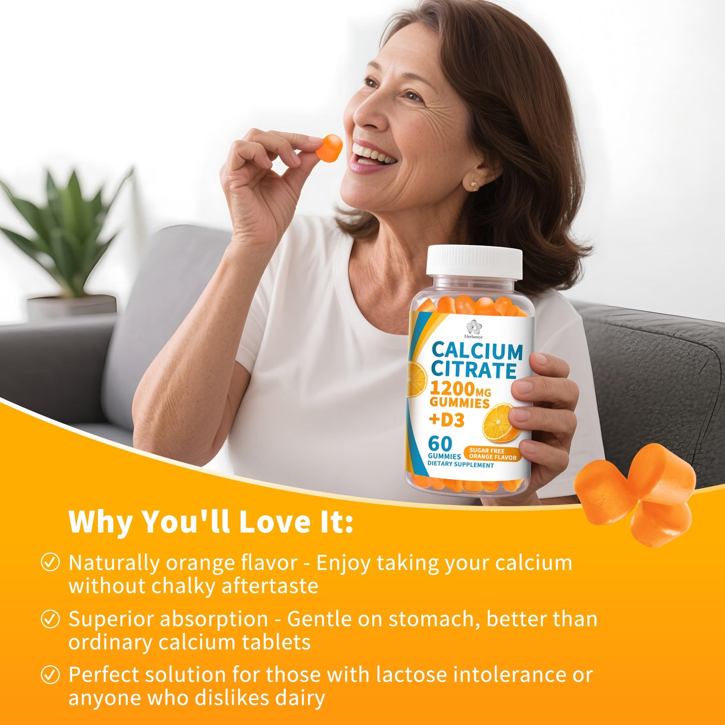 (3 Pack) Calcium Citrate 1200 mg Gummies with Vitamin D3, High Absorption Calcium Supplements for Women & Men, Sugar Free, Non-GMO, Gluten Free,